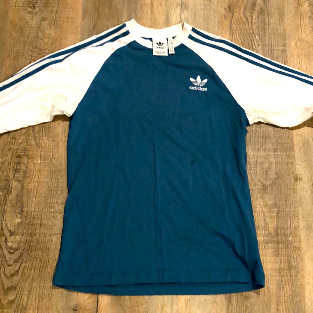 Vintage looking Adidas long sleeve t-shirt, faded teal blue and white.